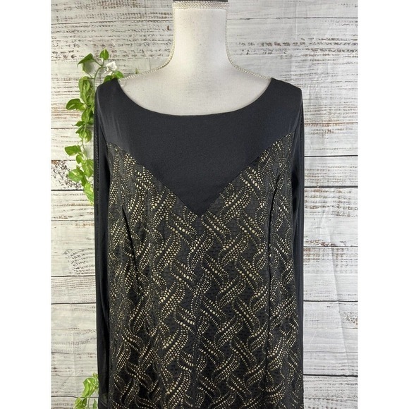 Ashley Stewart Blouse Plus 18 20 Black Gold Mesh Cocktail Evening Wedding Slim - Picture 2 of 11